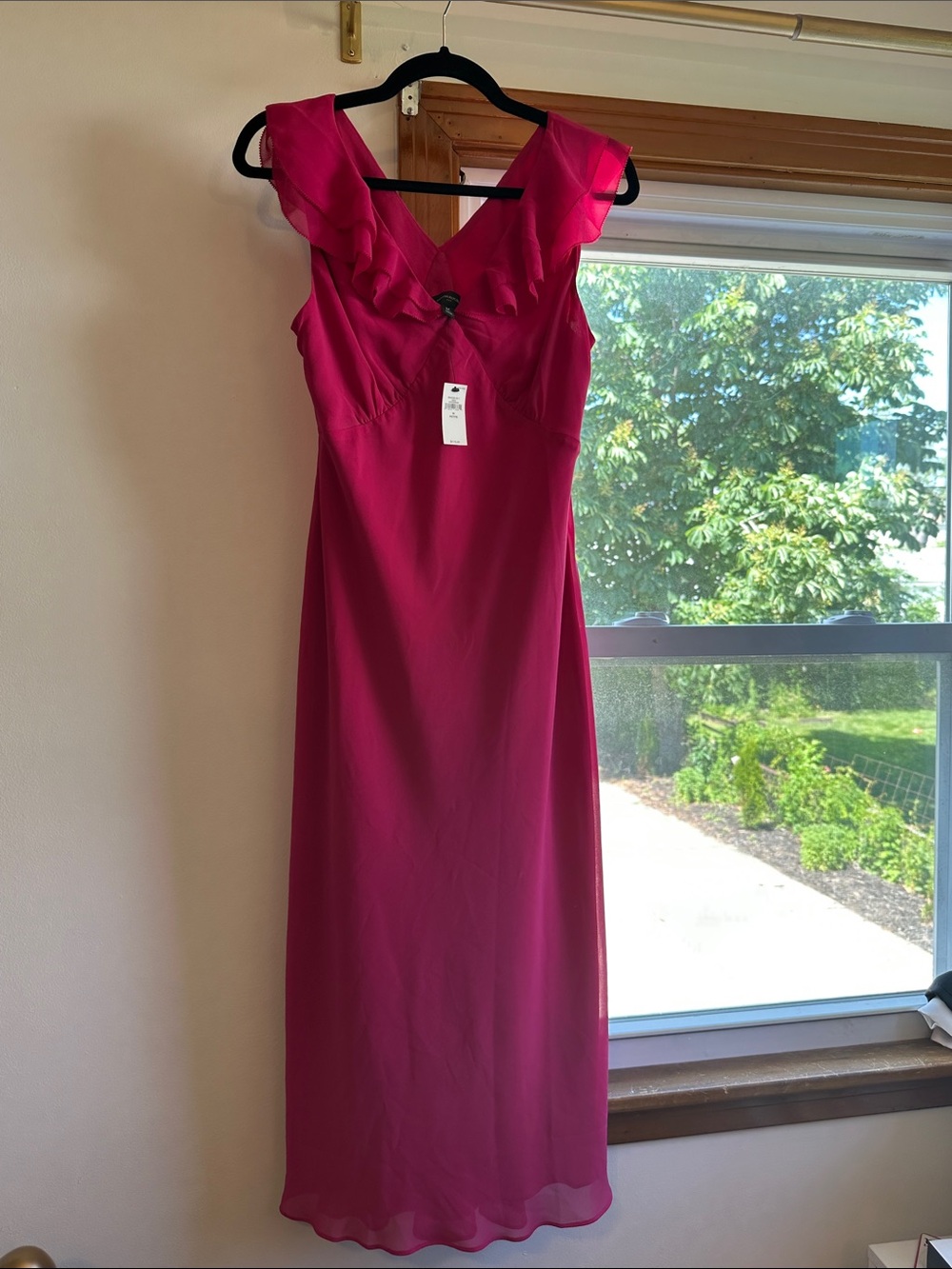 Elegant Fuchsia Ruffle-Shoulder Maxi Dress